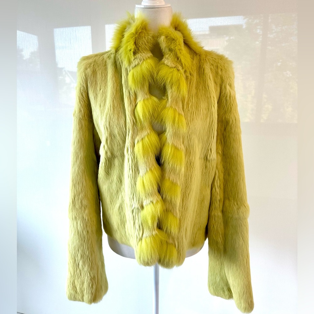 Fur & Leather Lime Green Reversible Coat. - Picture 3 of 10